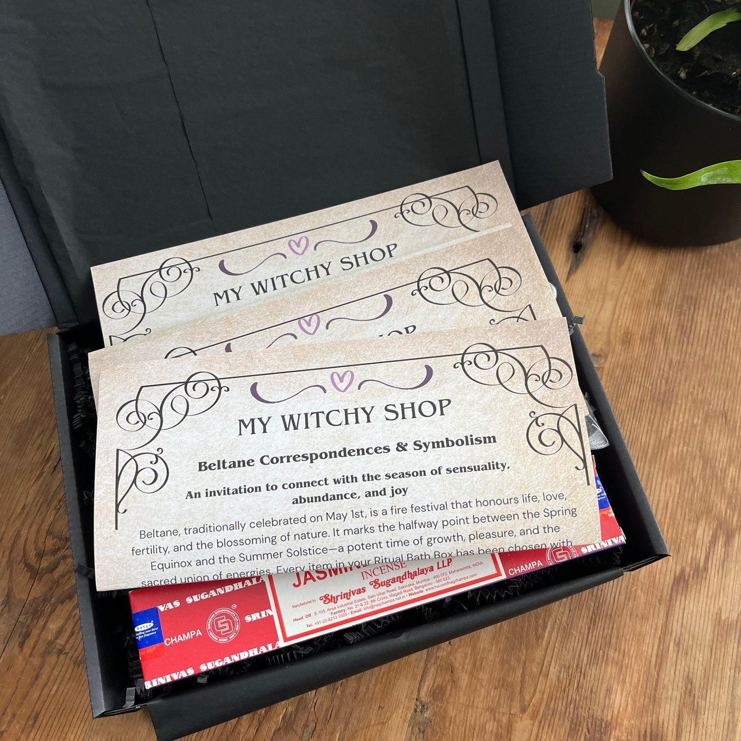 Sensual Beltane Ritual Bath gift box with the 3 guidance sheets laid on top.