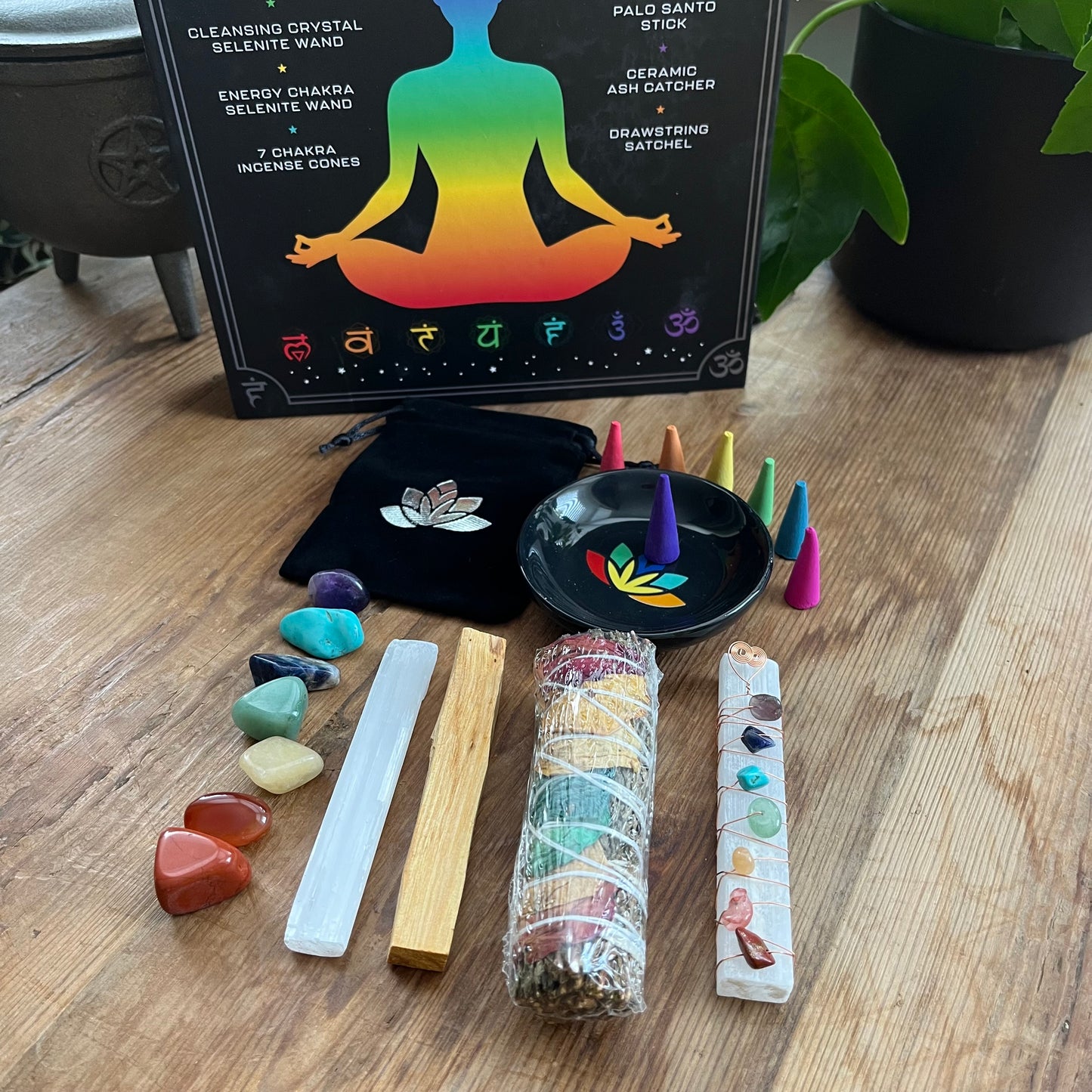 Sacred Chakra Kit 20 piece contents - tumblestones & pouch, selenite wand, copper wire gemstone wrapped selenite wand, palo santo, smudge stick, incense cones & incense plate