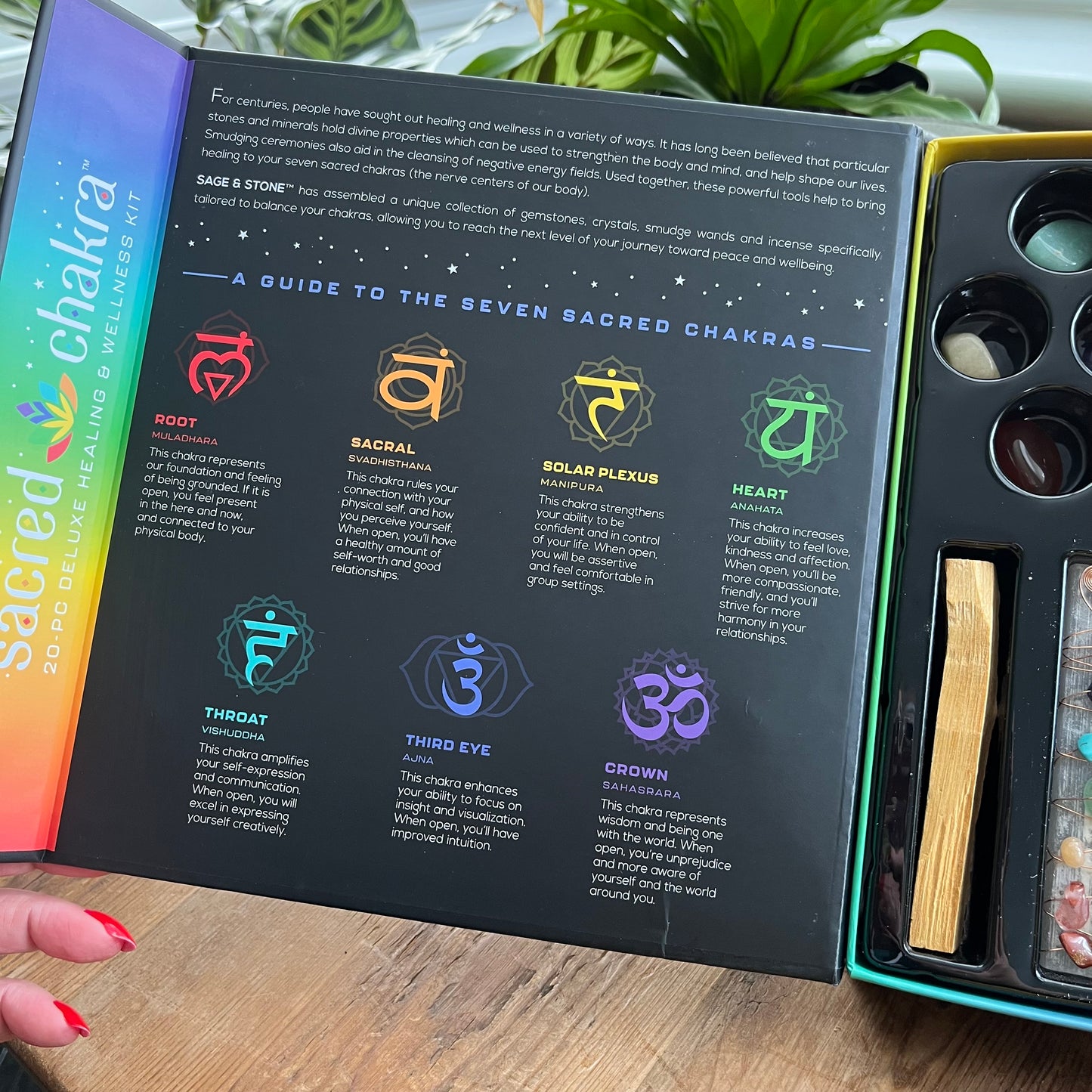 Sacred Chakra Kit 20 piece contents - tumblestones & pouch, selenite wand, copper wire gemstone wrapped selenite wand, palo santo, smudge stick, incense cones & incense plate