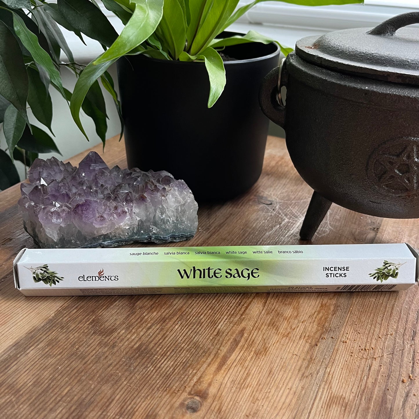 A package of White Sage incense with a green and white label. A cauldron, plant and crystal is in the background