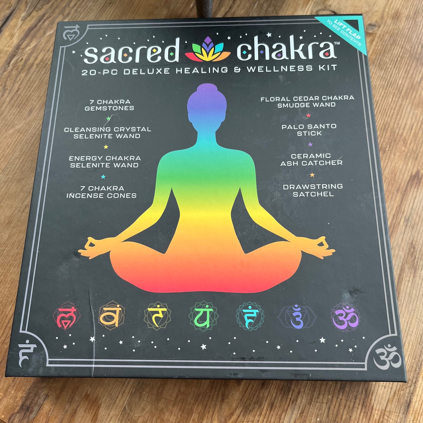 Sacred Chakra Kit 20 piece contents - tumblestones & pouch, selenite wand, copper wire gemstone wrapped selenite wand, palo santo, smudge stick, incense cones & incense plate