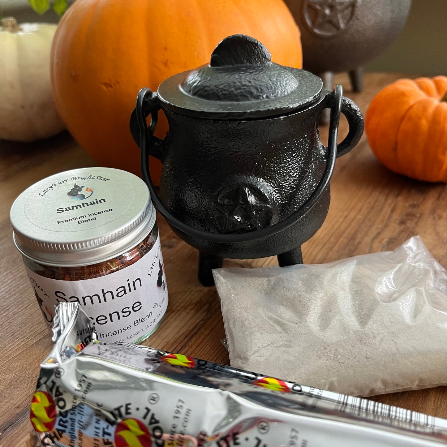 Black cauldron with Samhain incense
