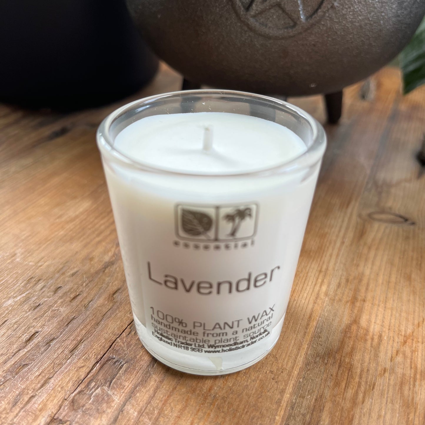 White votive candle fragranced with lavender essential oil
