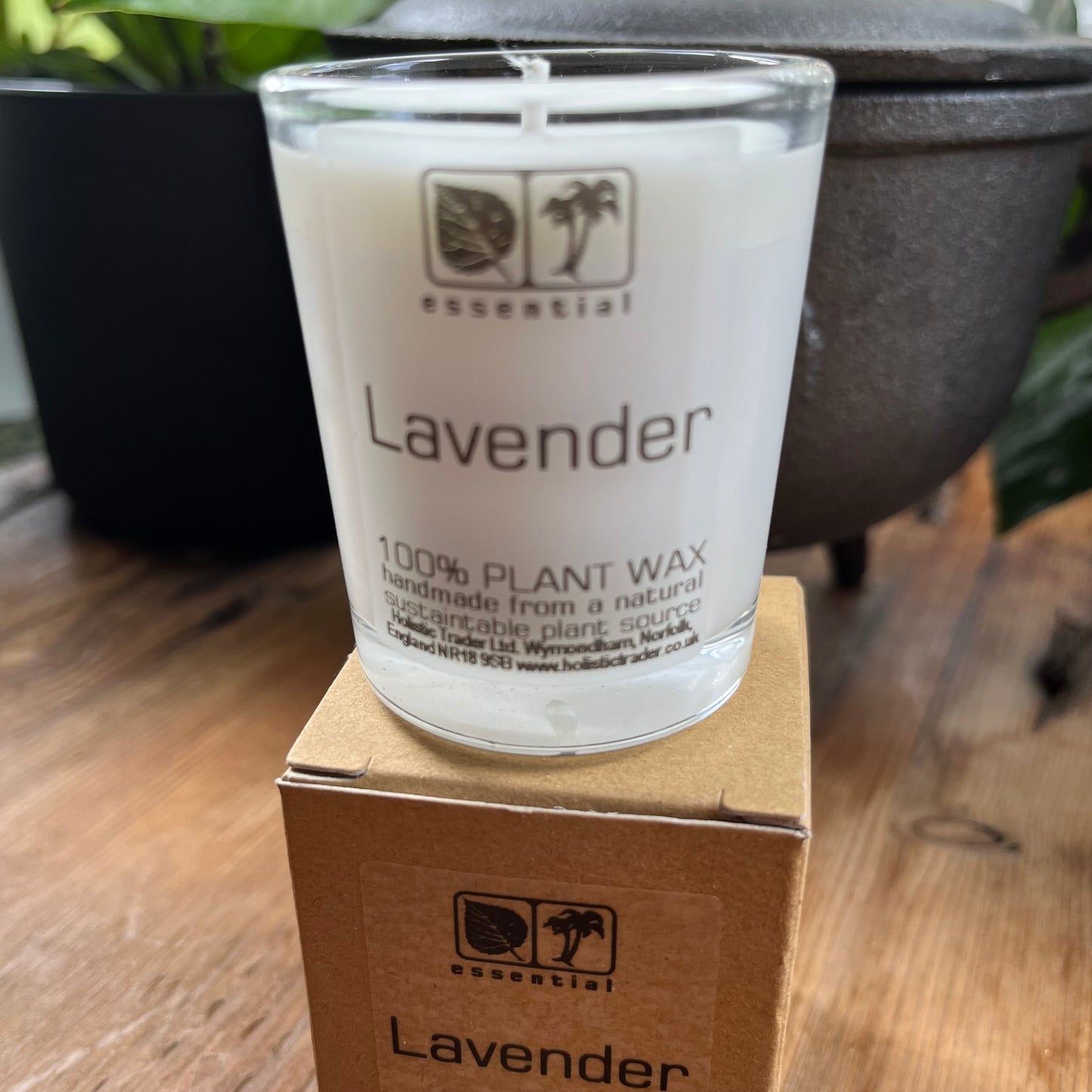 White votive candle fragranced with lavender essential oil with presentation box