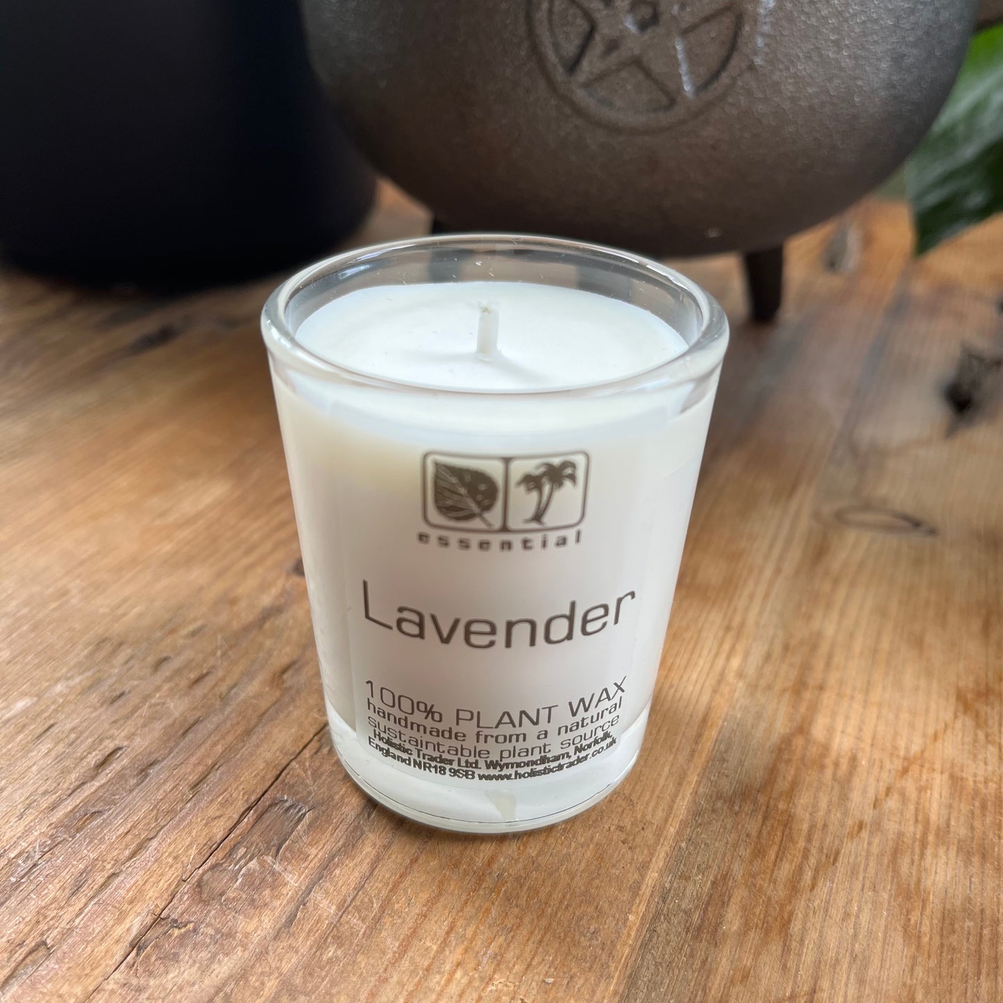 White votive candle fragranced with lavender essential oil