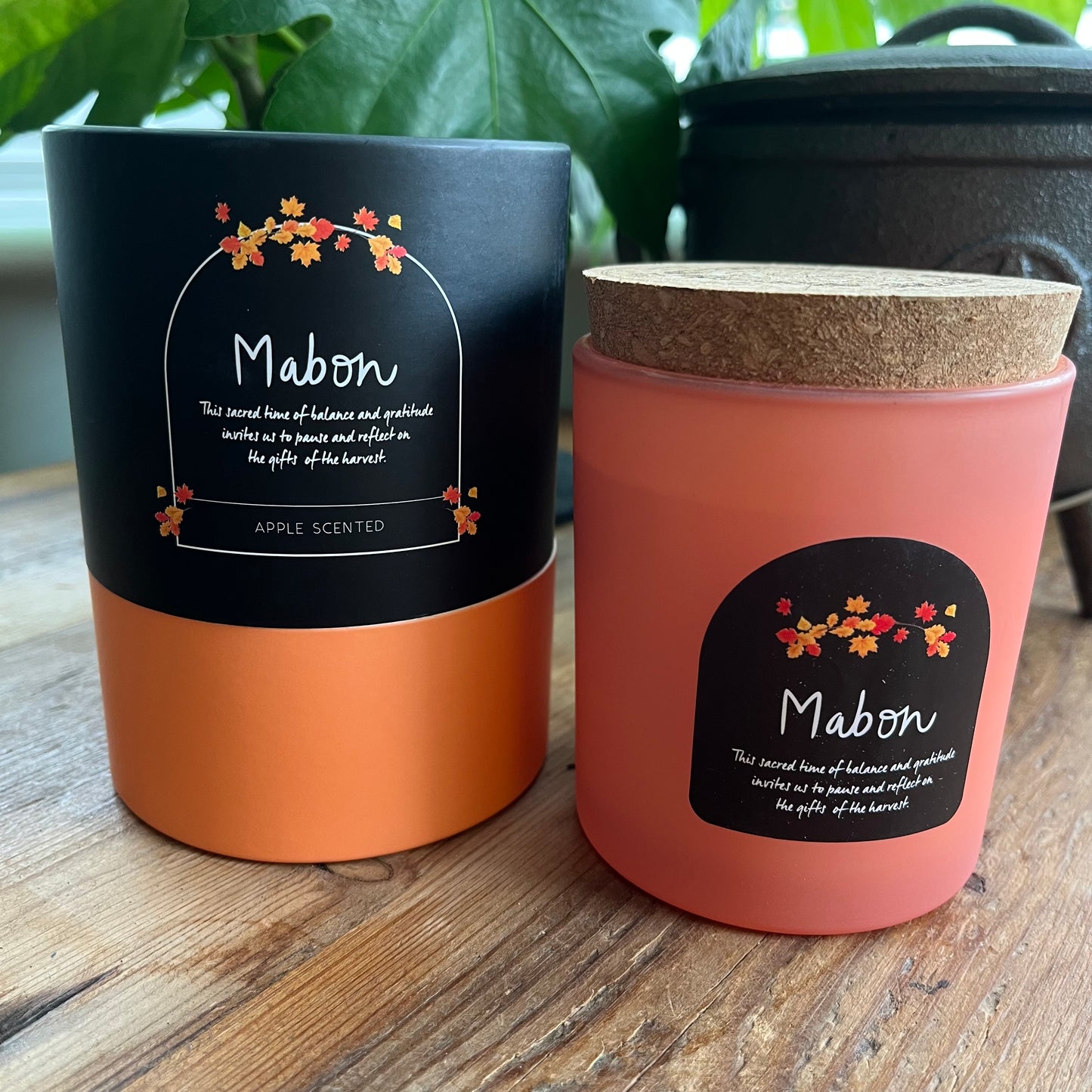 Two Mabon-themed candles on a wooden surface with plants in the background