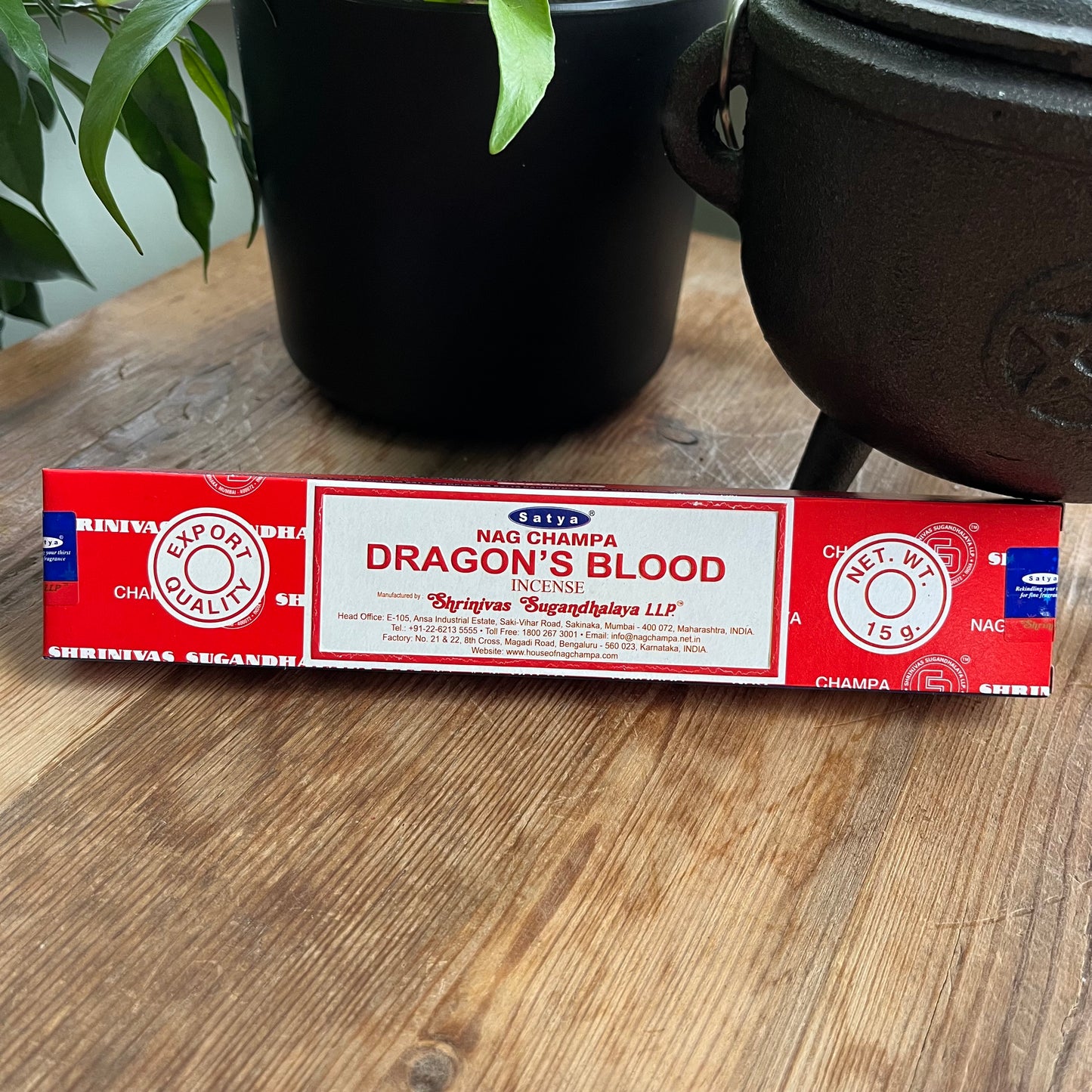 A package of Dragons Blood incense by Satya Nag Champa Incense LTD, with red and white color scheme.