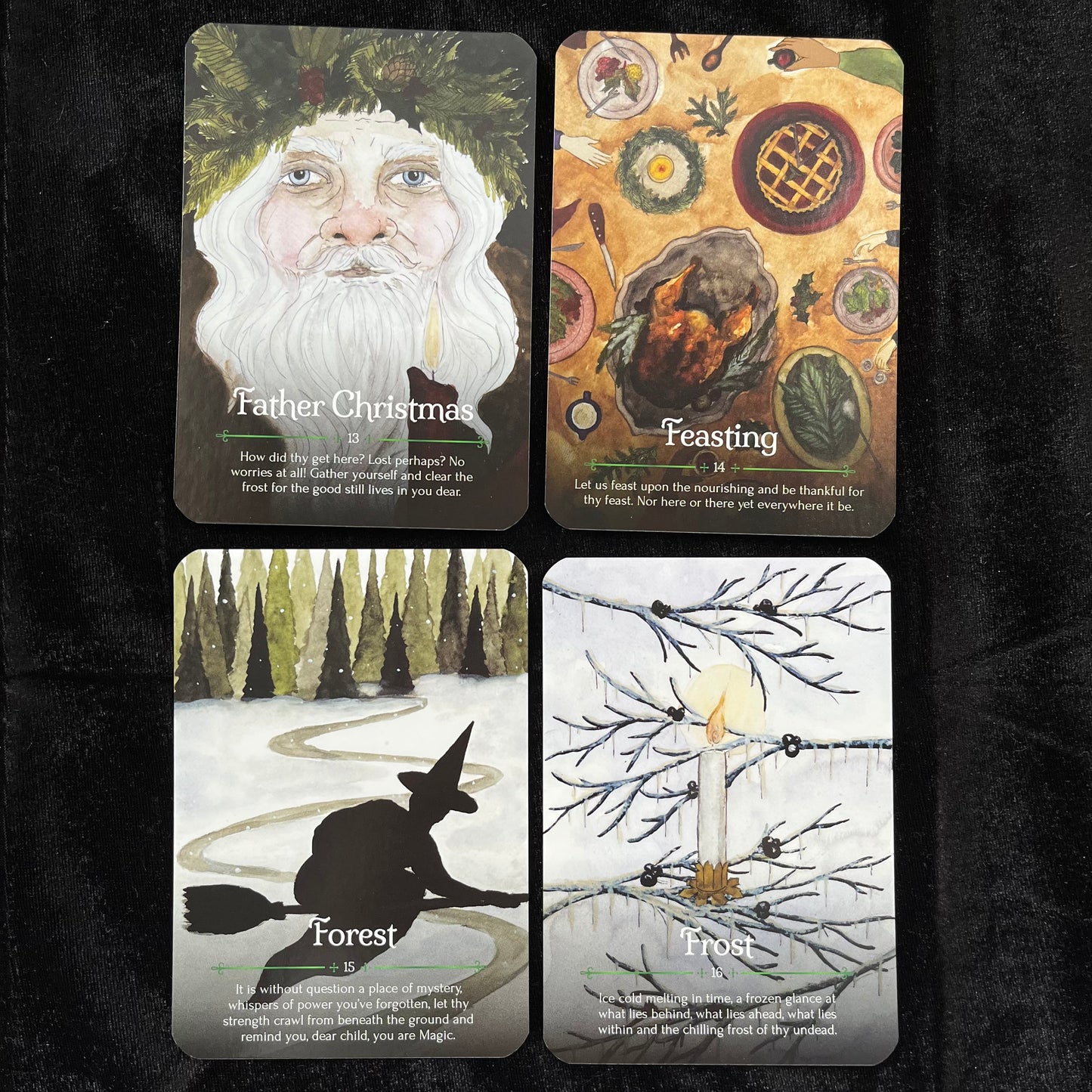 Four cards with festive illustrations and text on a dark background