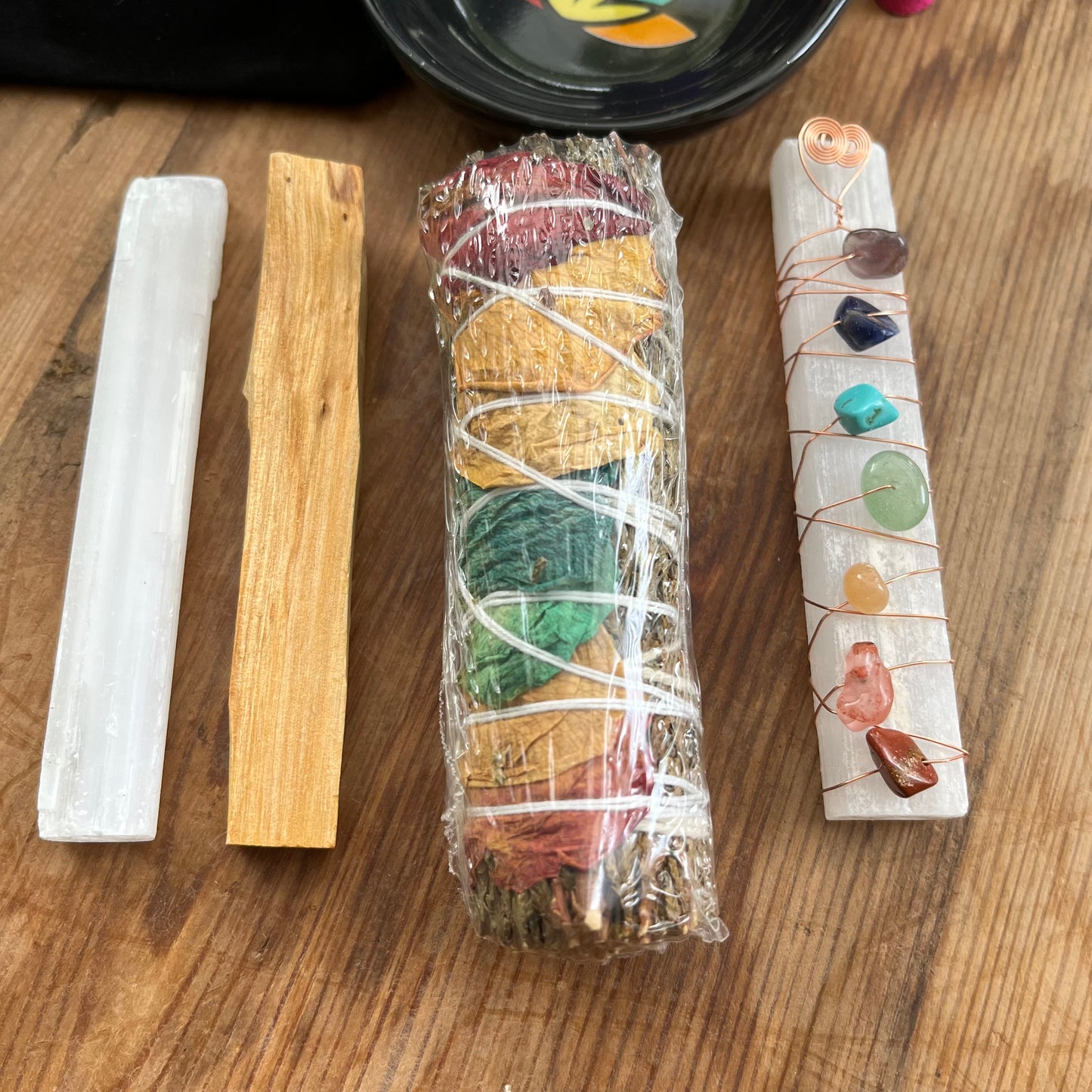 Sacred Chakra tools selenite wand, copper wire gemstone wrapped selenite wand, palo santo, smudge stick,