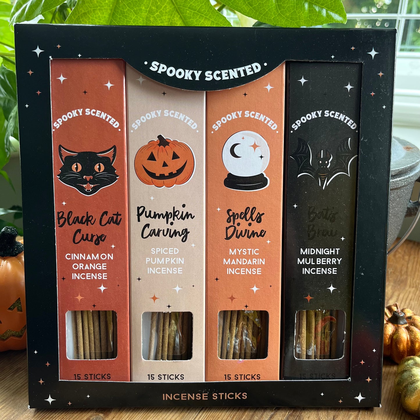 Spooky scented incense sticks set in a black box with illustrations and names.