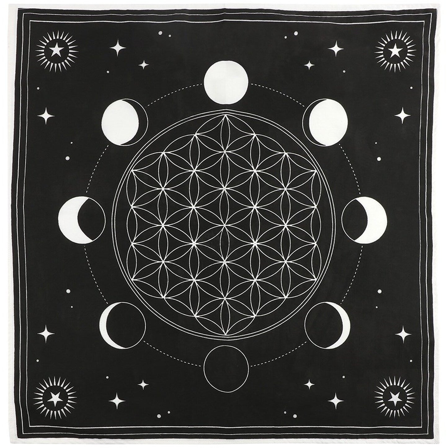 Black Altar cloth printed with white flower of life crystal grid and moon phases 