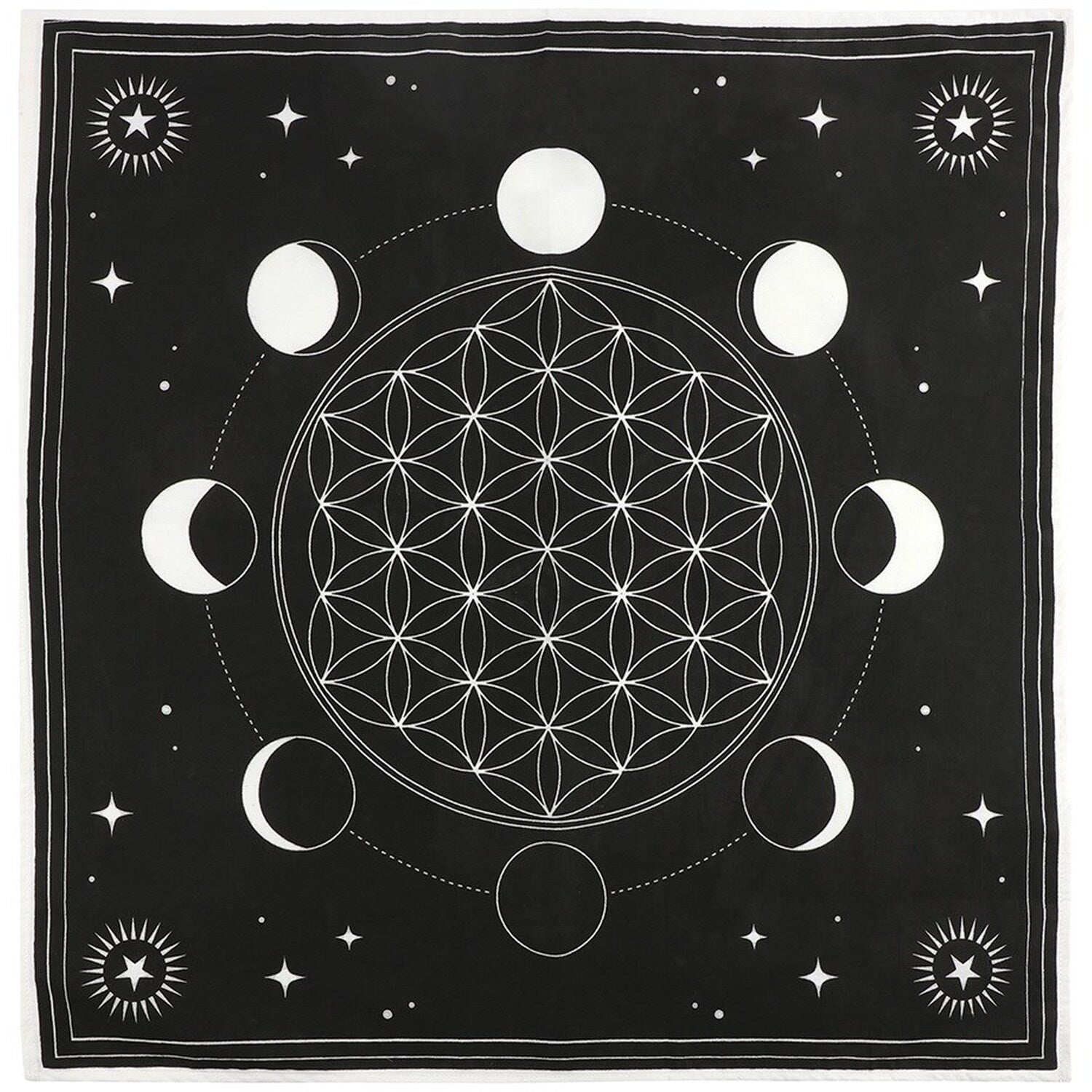 Black Altar cloth printed with white flower of life crystal grid and moon phases 