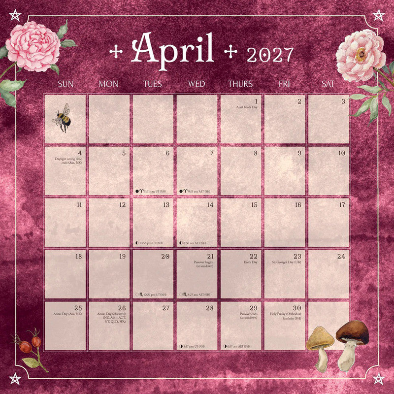 A decorative April 2027 monthly calendar page with a pink floral border, watercolor-style roses in the corners, a bee on one cell, and small mushroom illustrations. The calendar grid shows dates from Sunday to Saturday, with blank note sections under each day and a few printed event notes.