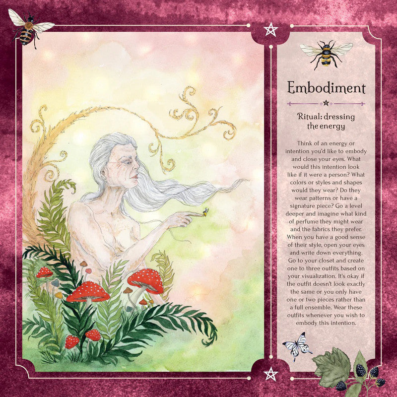 A square printed card or booklet page titled 'Embodiment' with mystical artwork showing a pale woman surrounded by flowers and insects, plus a column of text on the right. The page is centered on a deep purple background with decorative corner details and stars.