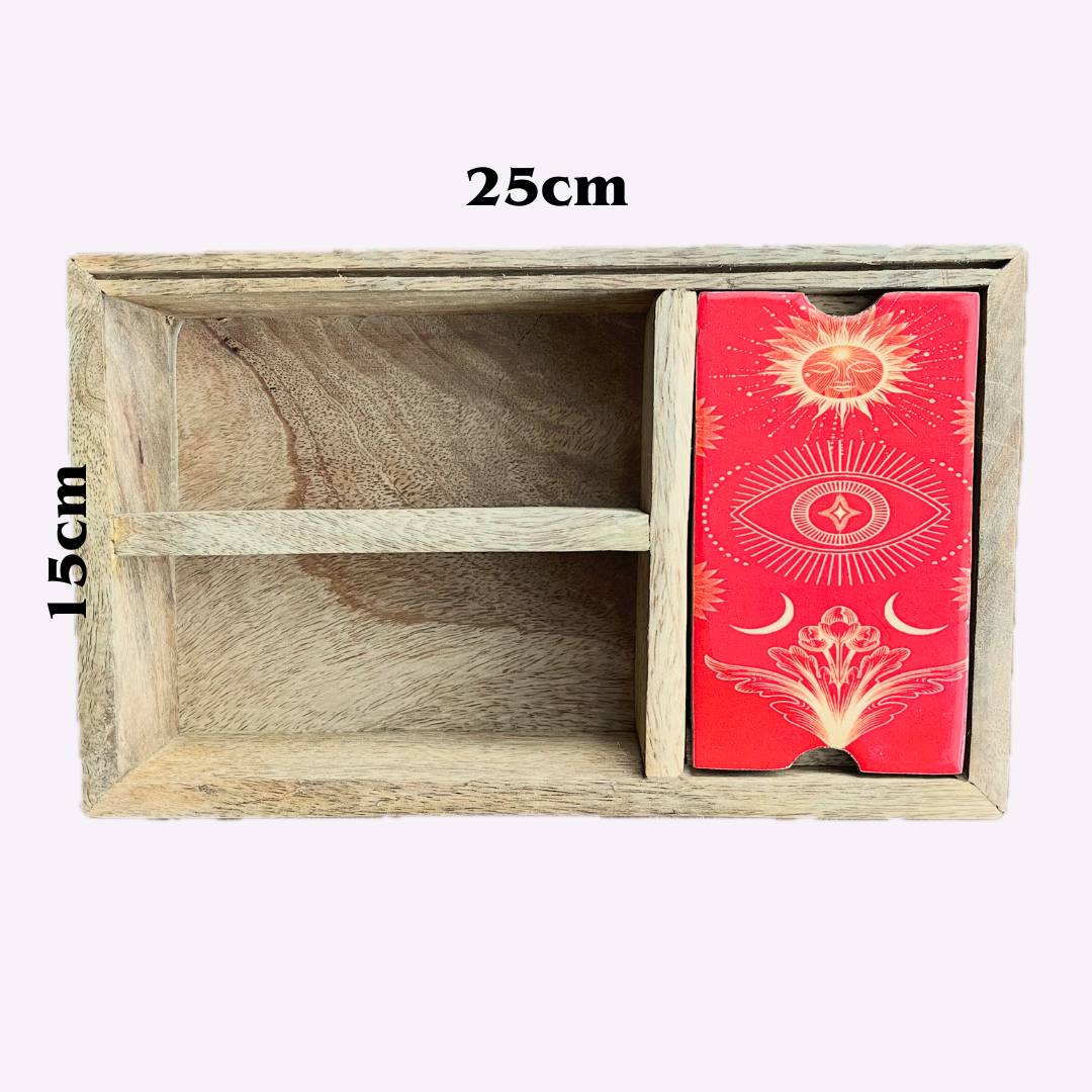 A small wooden organizer box with a divided interior and a red decorative card or drawer insert on the right side, shown on a plain light background with size labels reading 25cm and 15cm.