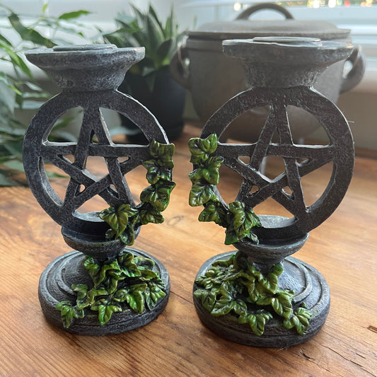 Aged Pentagram Candlesticks Gothic Witch Candle Holders (set of 2) 13.4cm