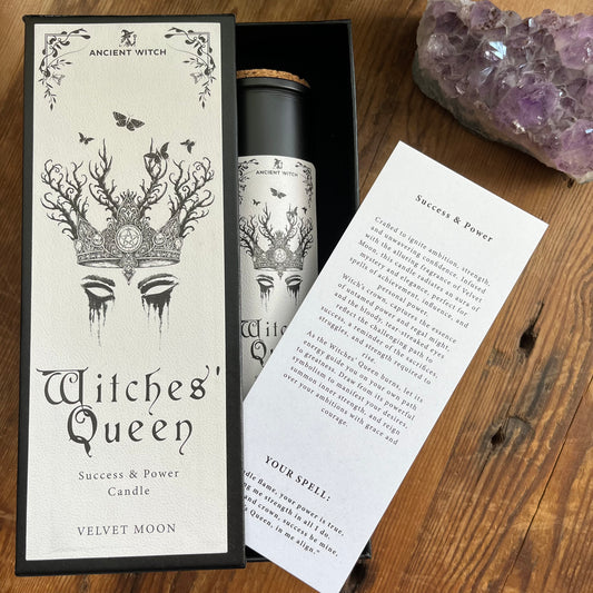 Ancient Witch Witches' Queen candle in a beautifully illustrated gift box, illustrated with a crown & moth representing courage, resilience and wisdom.  Each Glass pillar candle has a cork lid. Includes a ritual spell card. 