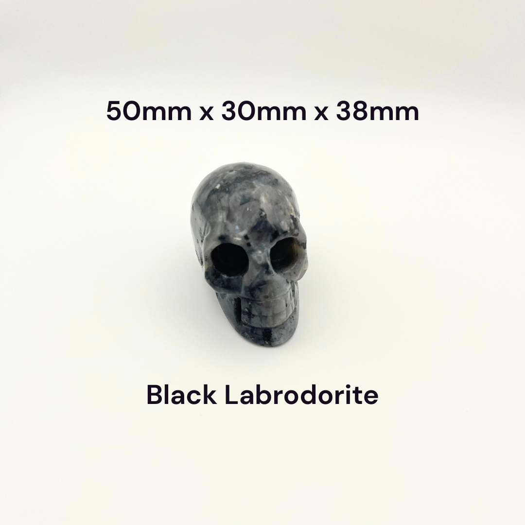 A small carved black labrodorite skull shown on a plain light background with overlaid text reading '50mm x 30mm x 38mm' and 'Black Labrodorite'.