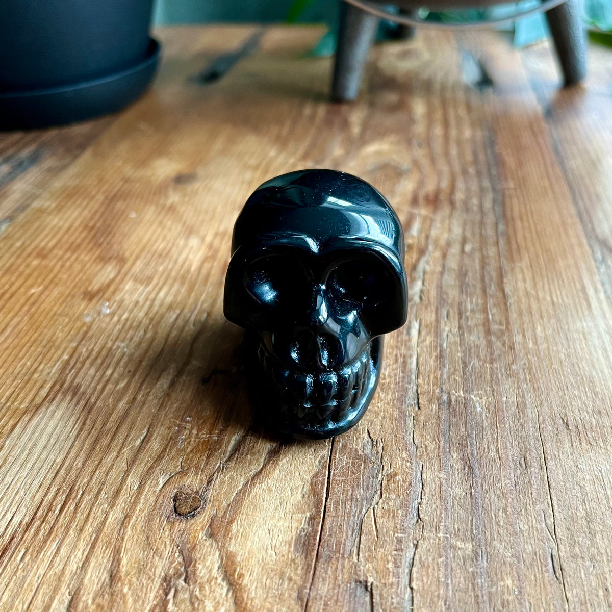A small glossy black skull figurine standing on a rustic wooden tabletop, with blurred household objects in the background.