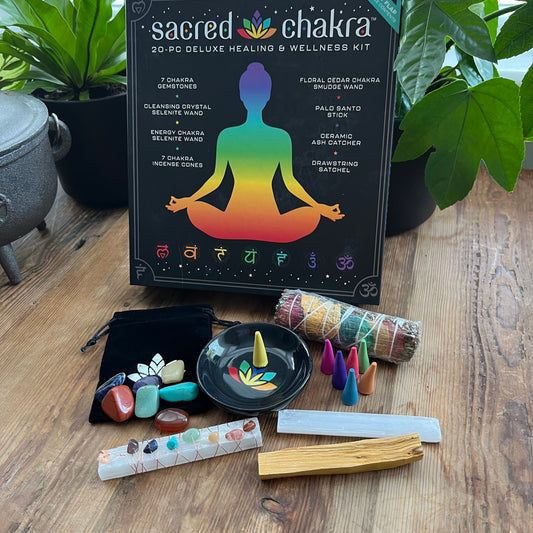 Sacred Chakra Kit 20 piece contents - tumblestones & pouch, selenite wand, copper wire gemstone wrapped selenite wand, palo santo, smudge stick, incense cones & incense plate 