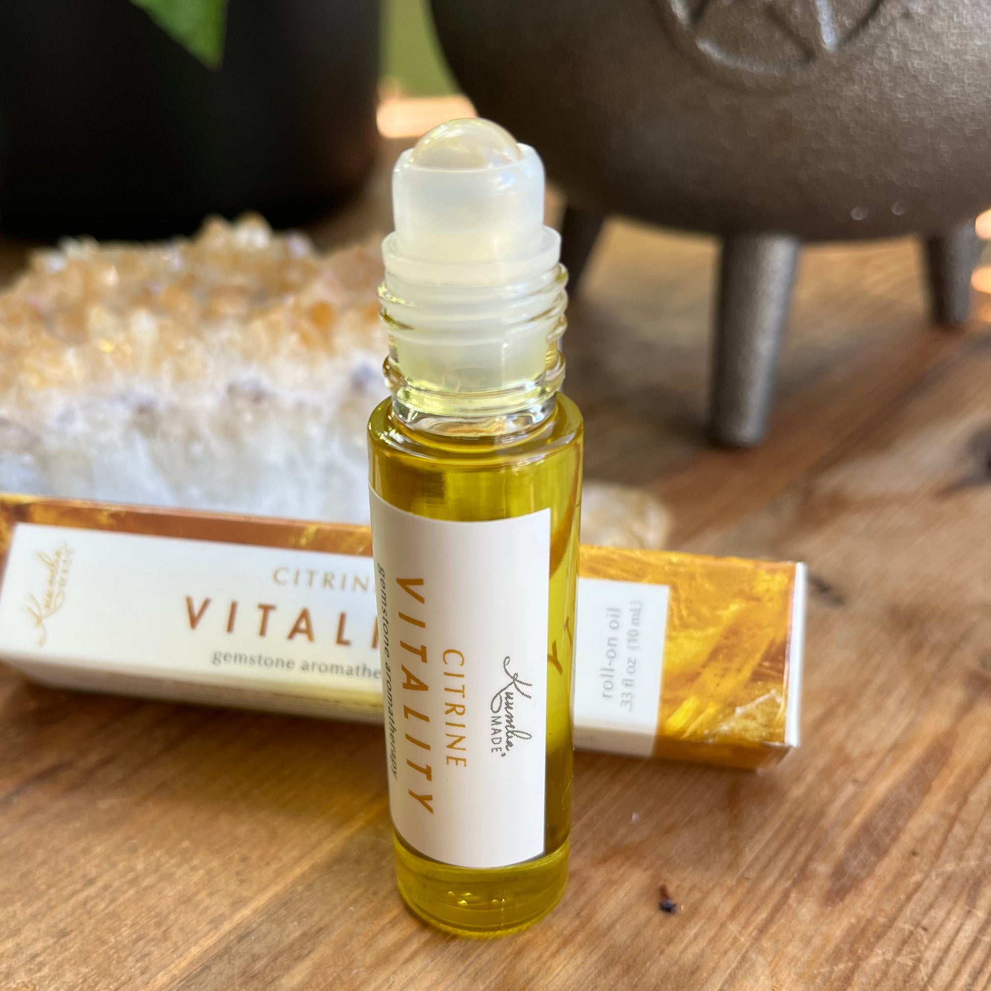 Citrine Vitality Roller combines vibrant citrus, exotic florals to awaken your senses with a citrine gemstone rollerball to enhance its radiant energy, 