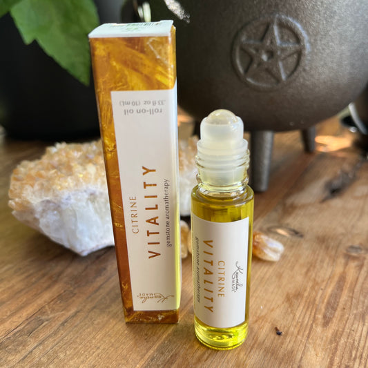 Citrine Vitality Roller combines vibrant citrus, exotic florals to awaken your senses with a citrine gemstone rollerball to enhance its radiant energy, 