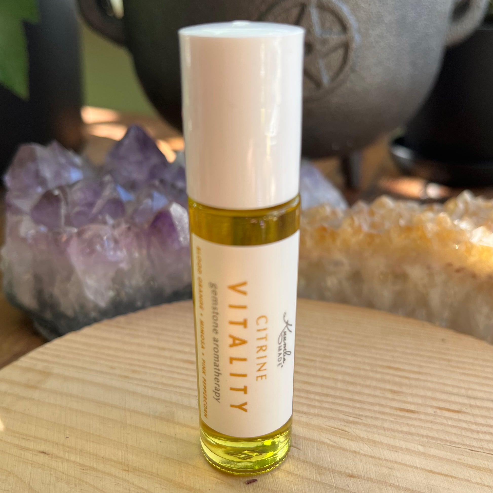 Citrine Vitality Roller combines vibrant citrus, exotic florals to awaken your senses with a citrine gemstone rollerball to enhance its radiant energy, 
