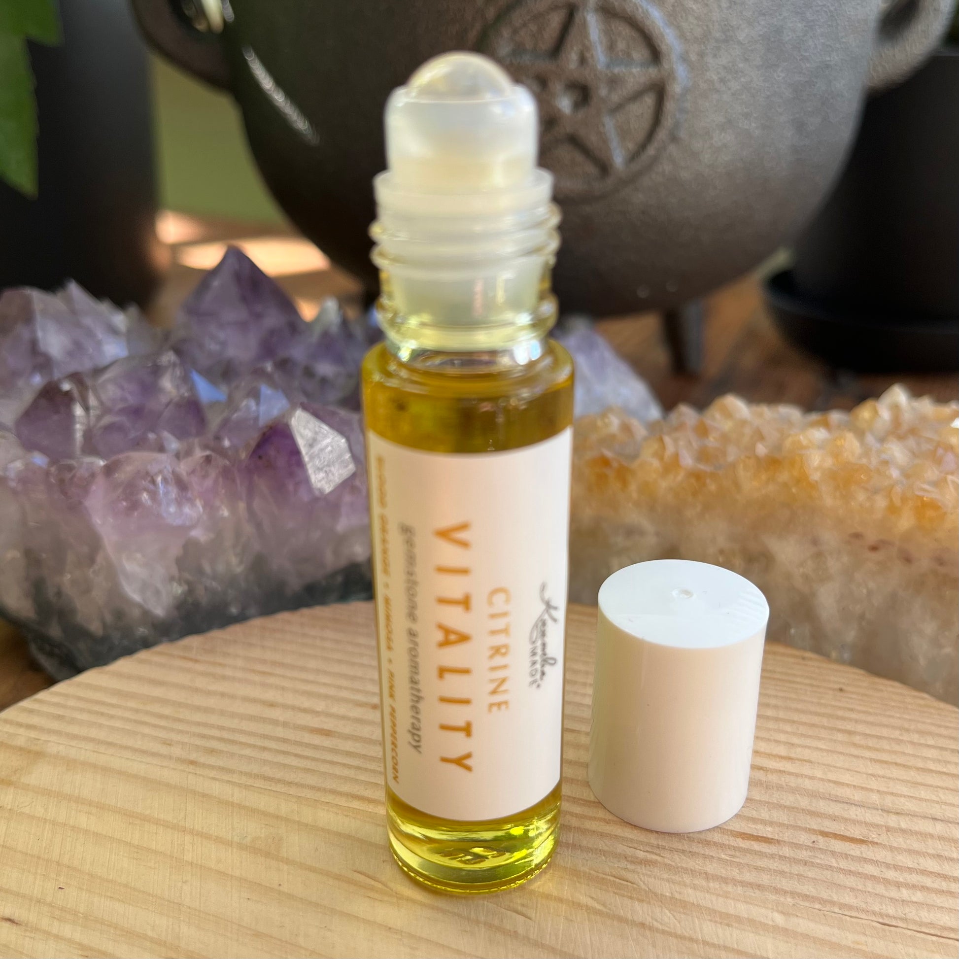 Citrine Vitality Roller combines vibrant citrus, exotic florals to awaken your senses with a citrine gemstone rollerball to enhance its radiant energy, 