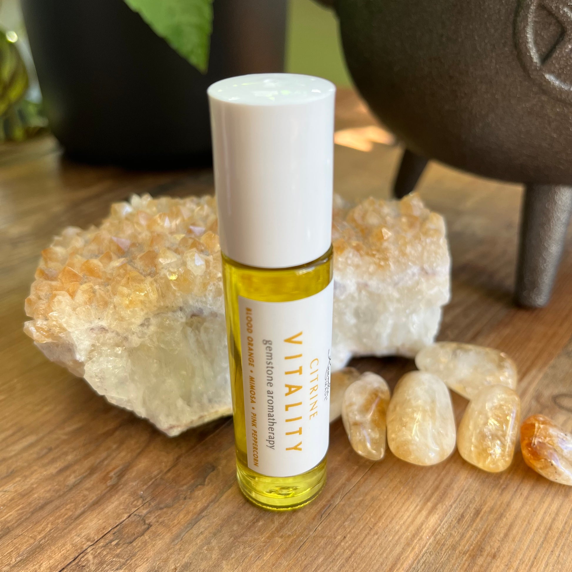 Citrine Vitality Roller combines vibrant citrus, exotic florals to awaken your senses with a citrine gemstone rollerball to enhance its radiant energy, 