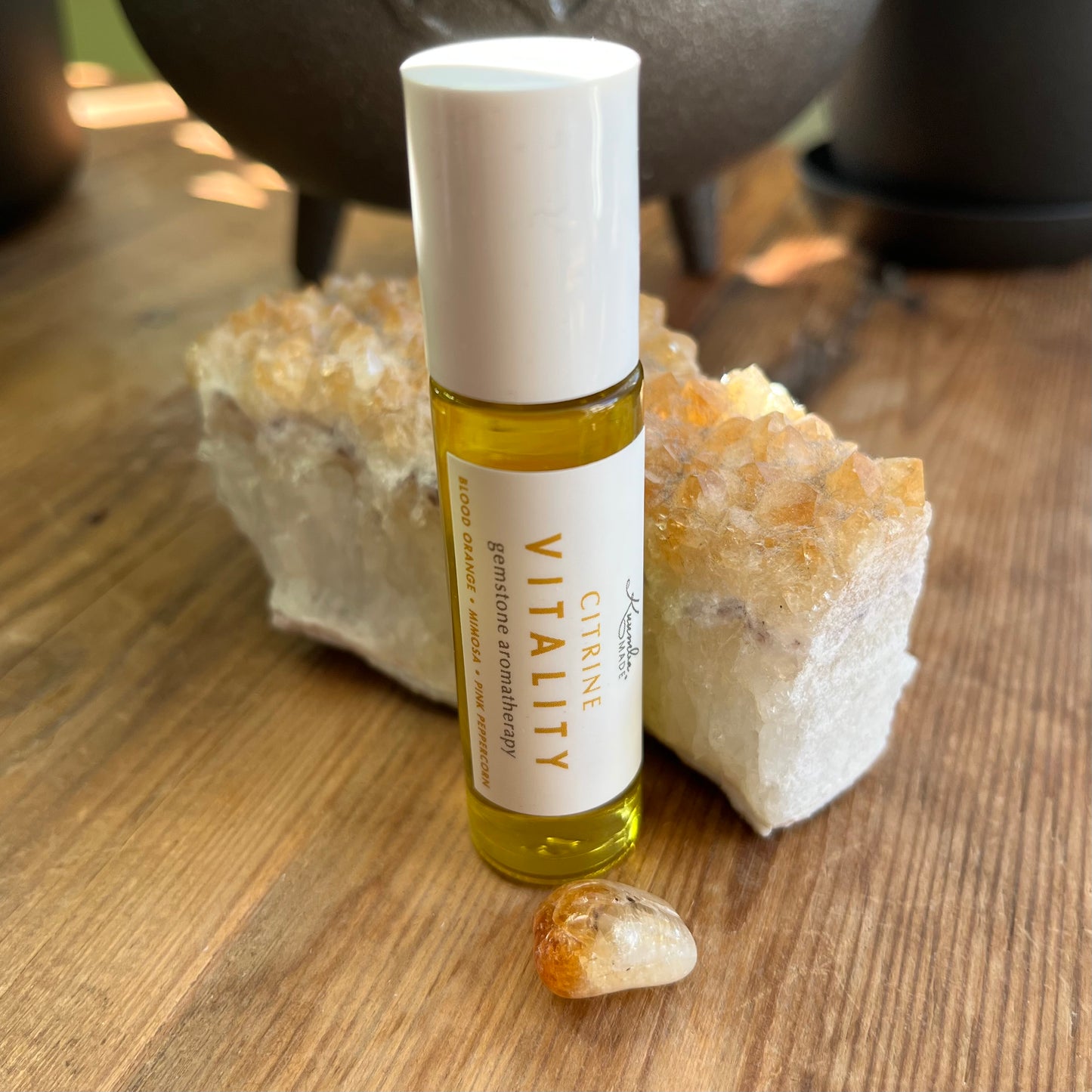 Citrine Vitality Roller combines vibrant citrus, exotic florals to awaken your senses with a citrine gemstone rollerball to enhance its radiant energy, 