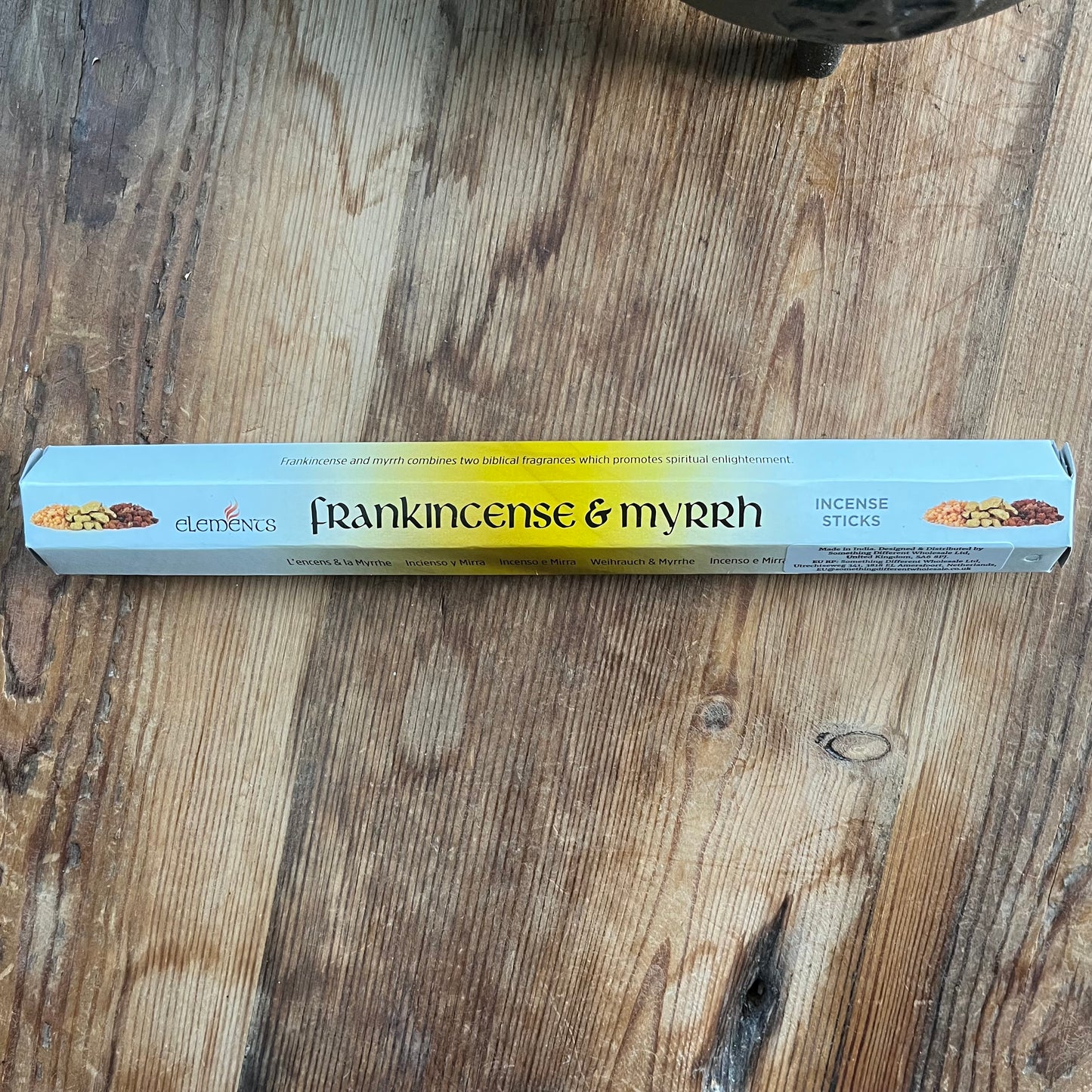 Box of Frankincense & Myrrh Incense on a wooden Background 