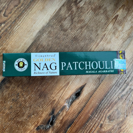 A box of Golden Nag Patchouli incense with a label that includes the product name and the phrase 'Richness of Nature'.