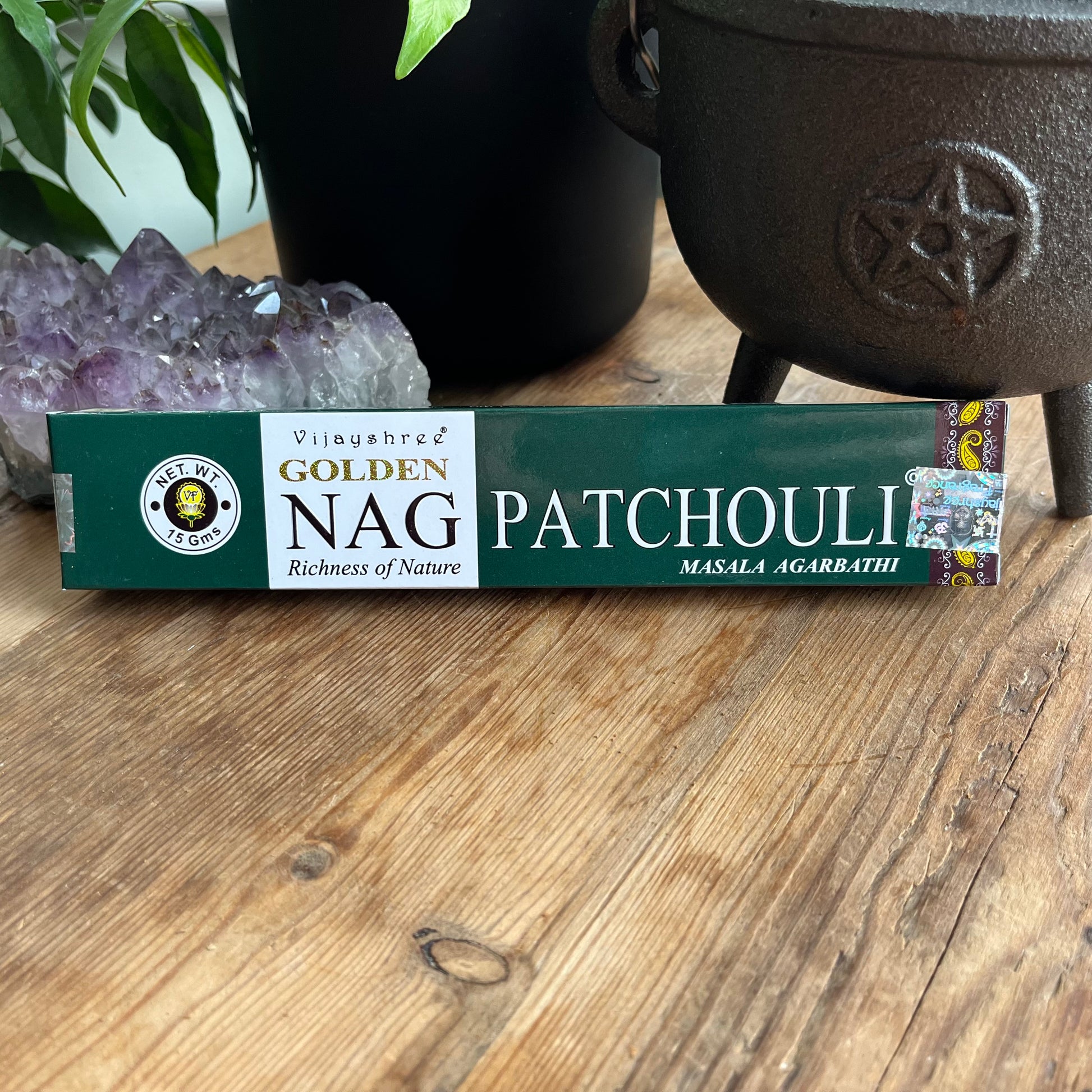 A box of Golden Nag Patchouli incense with a label that includes the product name and the phrase 'Richness of Nature'.