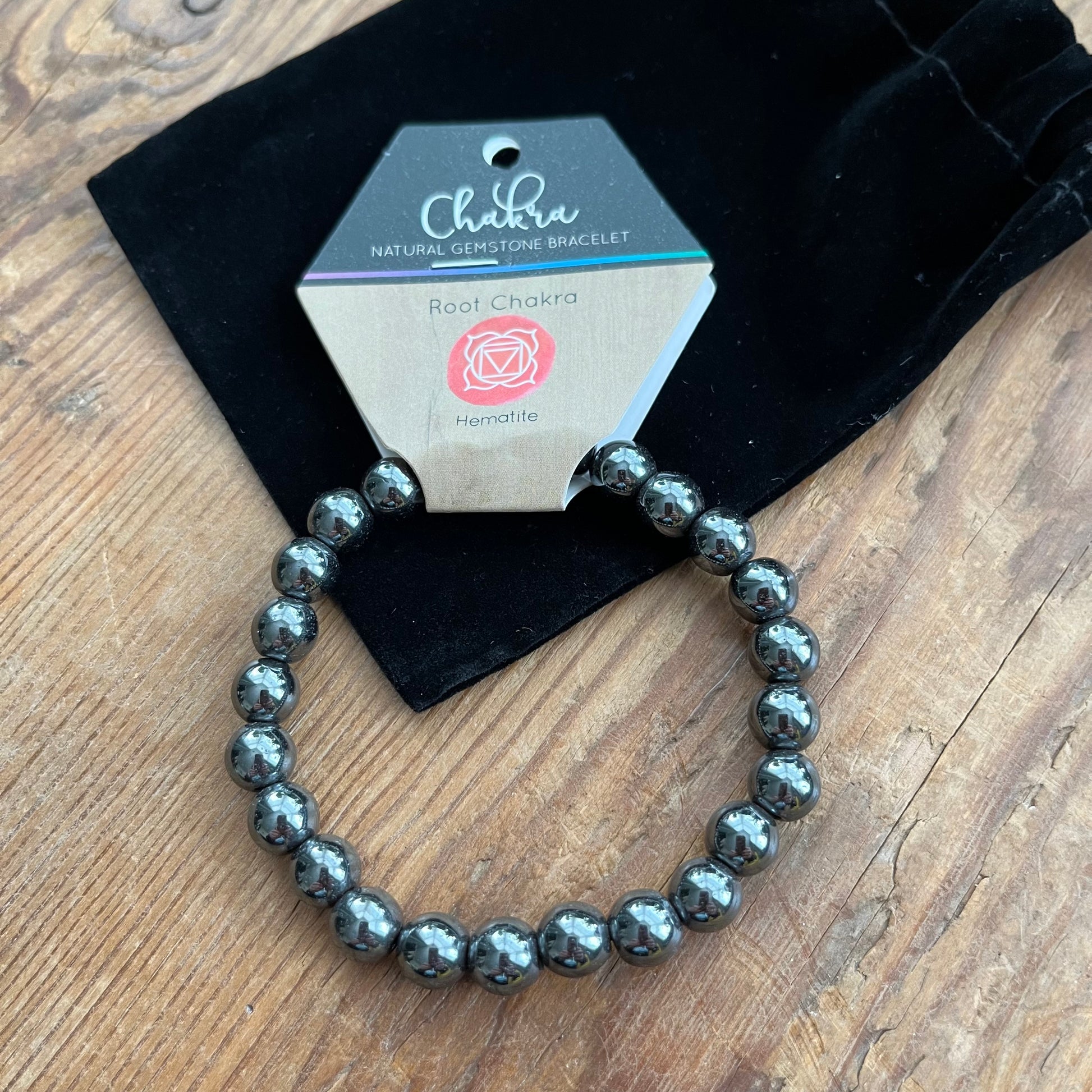 Hematite Beaded Bracelet for the root Chakra in a black velvet bag