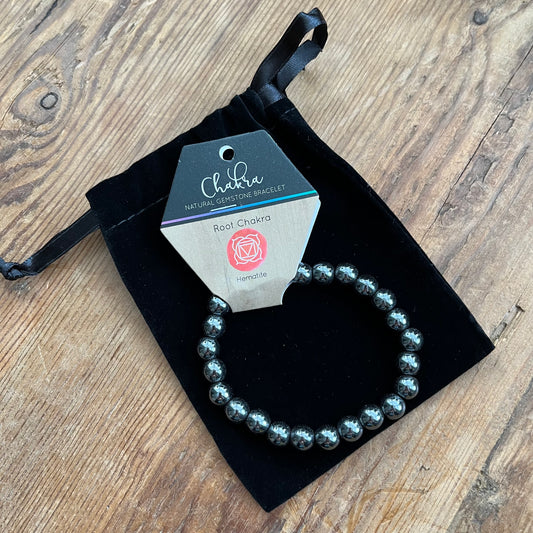 Hematite Beaded Bracelet for the root Chakra in a black velvet bag