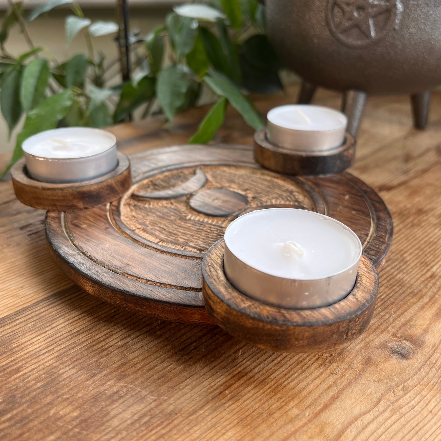 Triple Moon Wooden Tealight Candle Holder