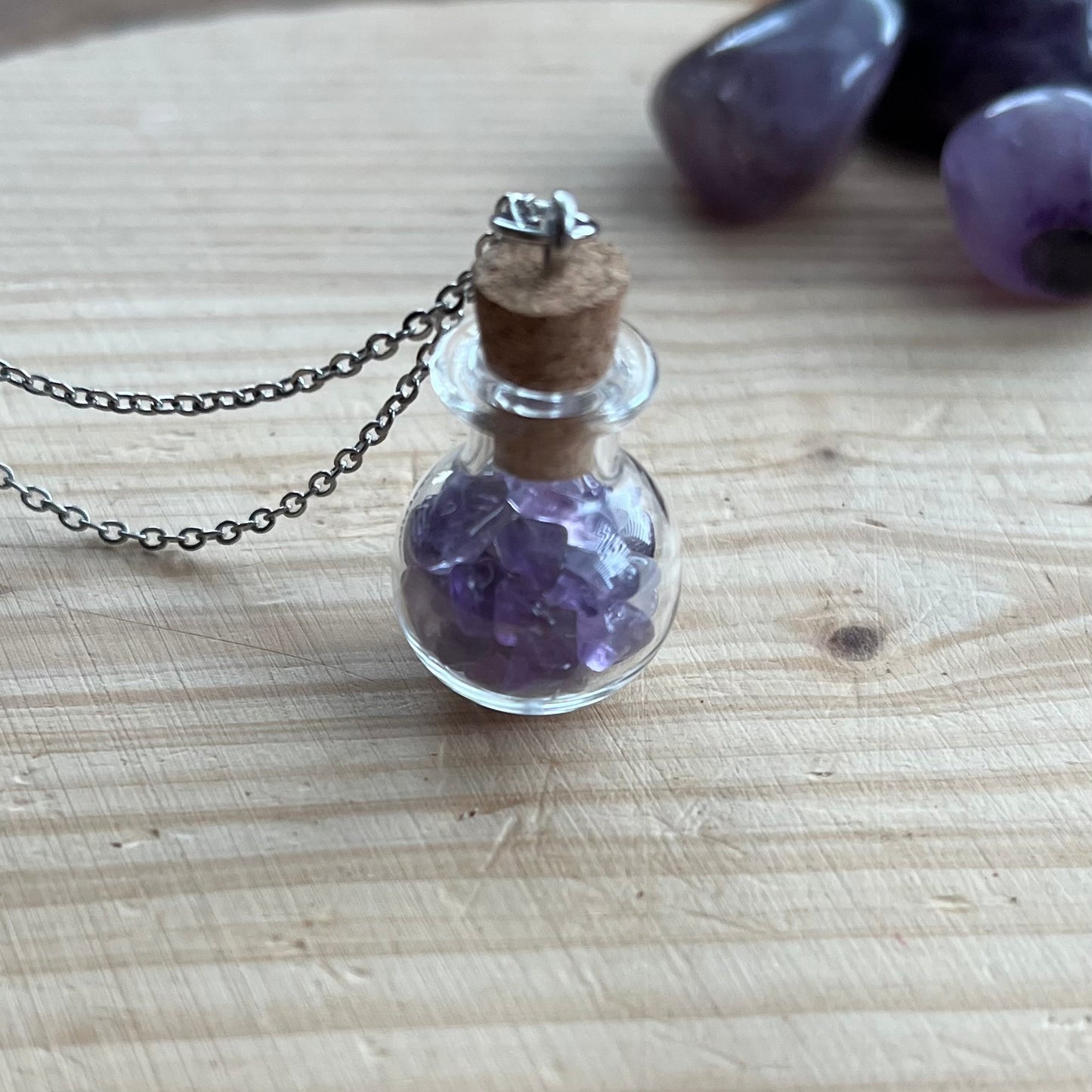 Calming Amethyst Crystal Chip Potion Bottle Necklace