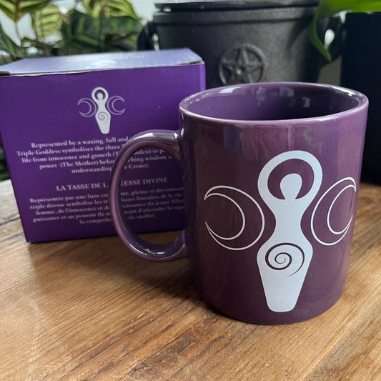 Purple bone china mug featuring a triple moon goddess design in a matching display box 