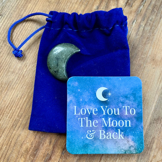 Blue velvet pouch, Labradorite crescent shaped moon and a blue sentiment card with an image f a white crescent moon and the words 'Love you to the moon and back"