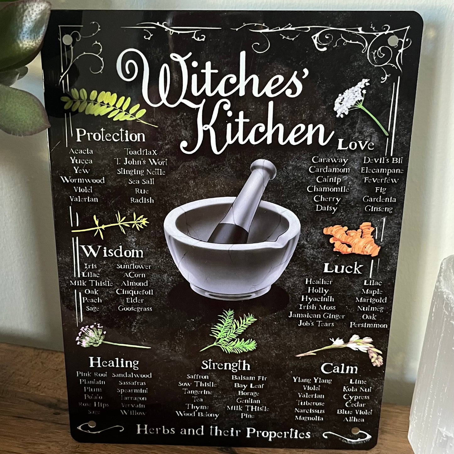 Decorative sign titled 'Witches' Kitchen' with herbs and their properties on a dark background.