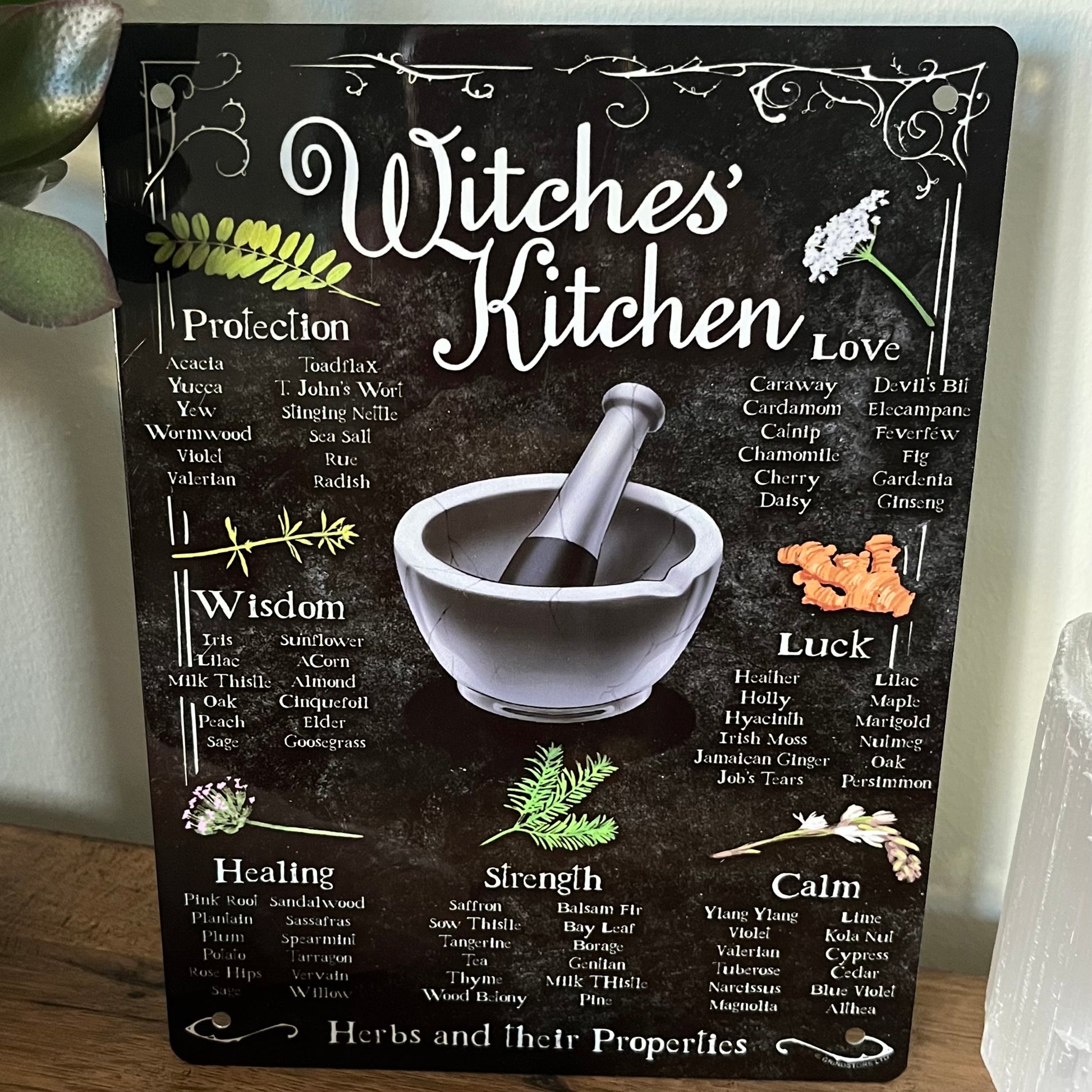 Decorative sign titled 'Witches' Kitchen' with herbs and their properties on a dark background.