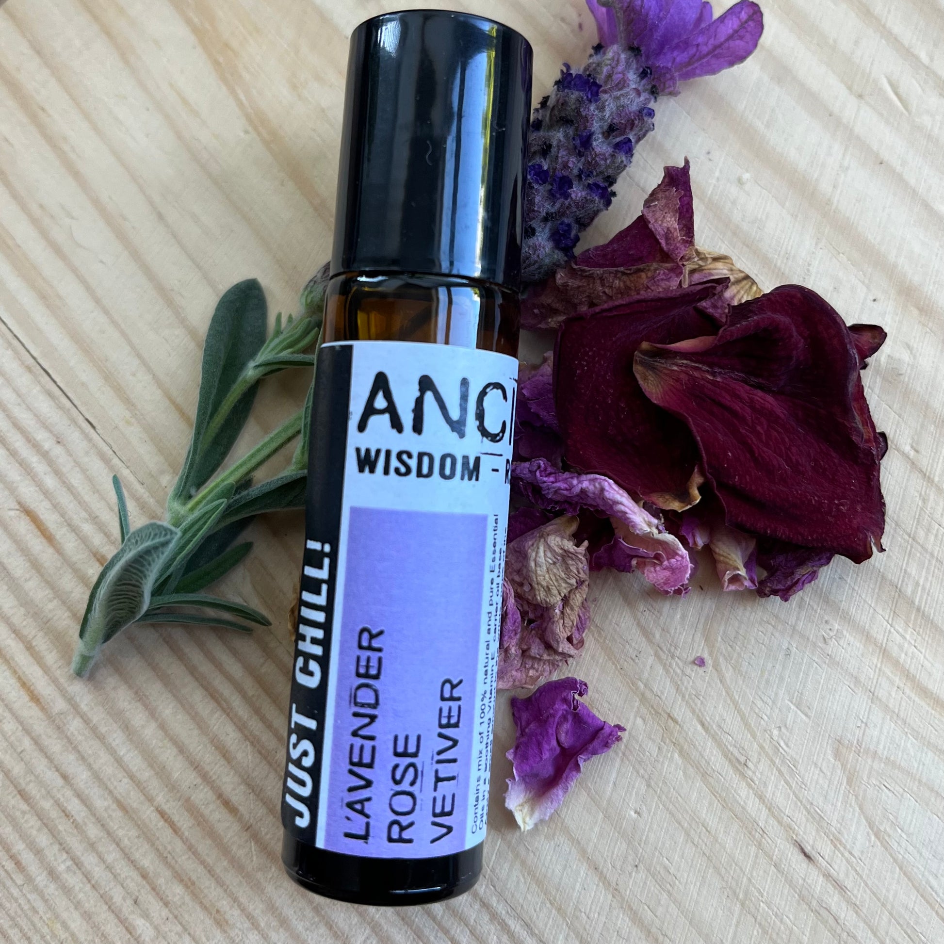 Just chilli rollerball with essential oils of Lavender, Vetiver and Rose in a soothing vitamin E carrier oil to promote relaxation and calm.