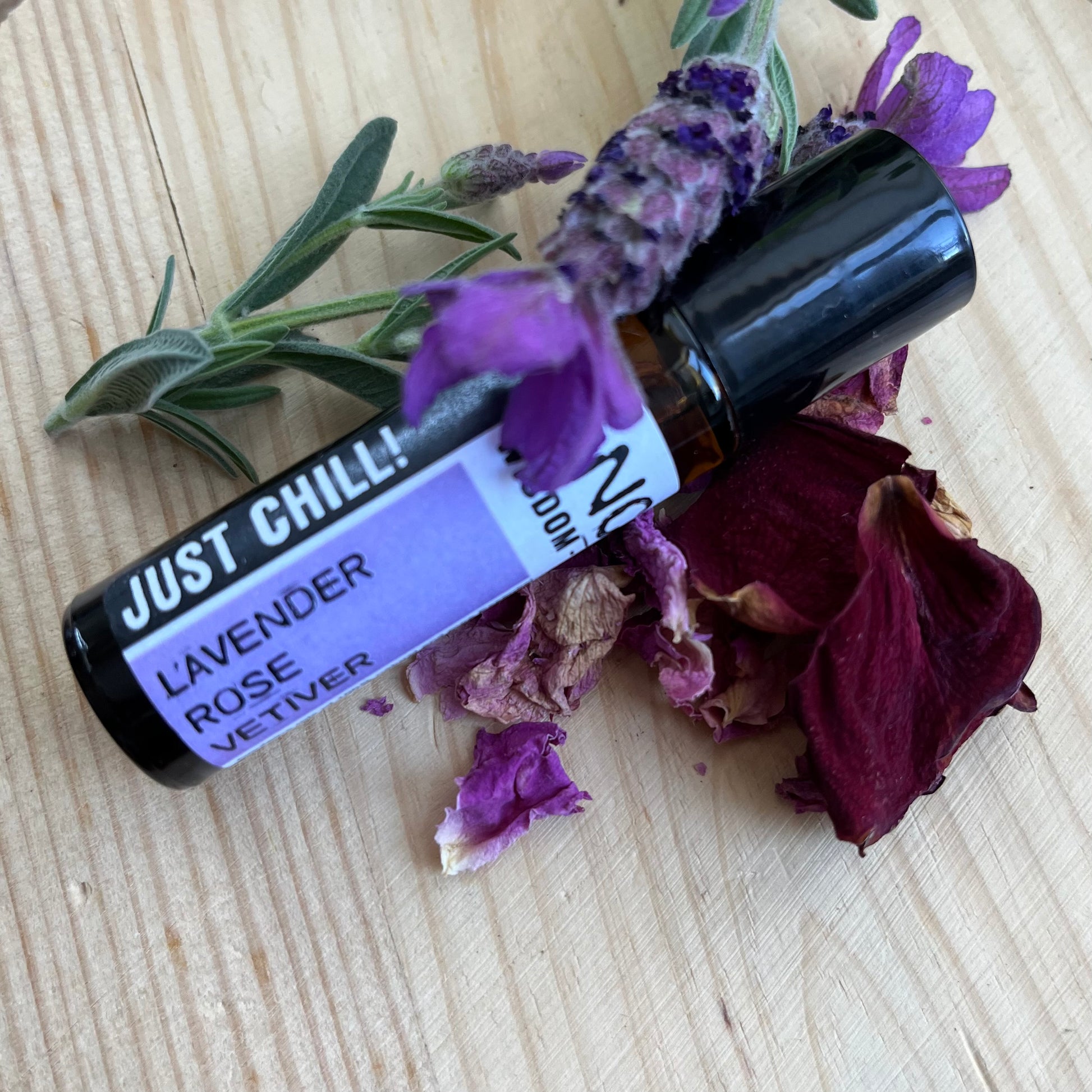 Just chilli rollerball with essential oils of Lavender, Vetiver and Rose in a soothing vitamin E carrier oil to promote relaxation and calm.