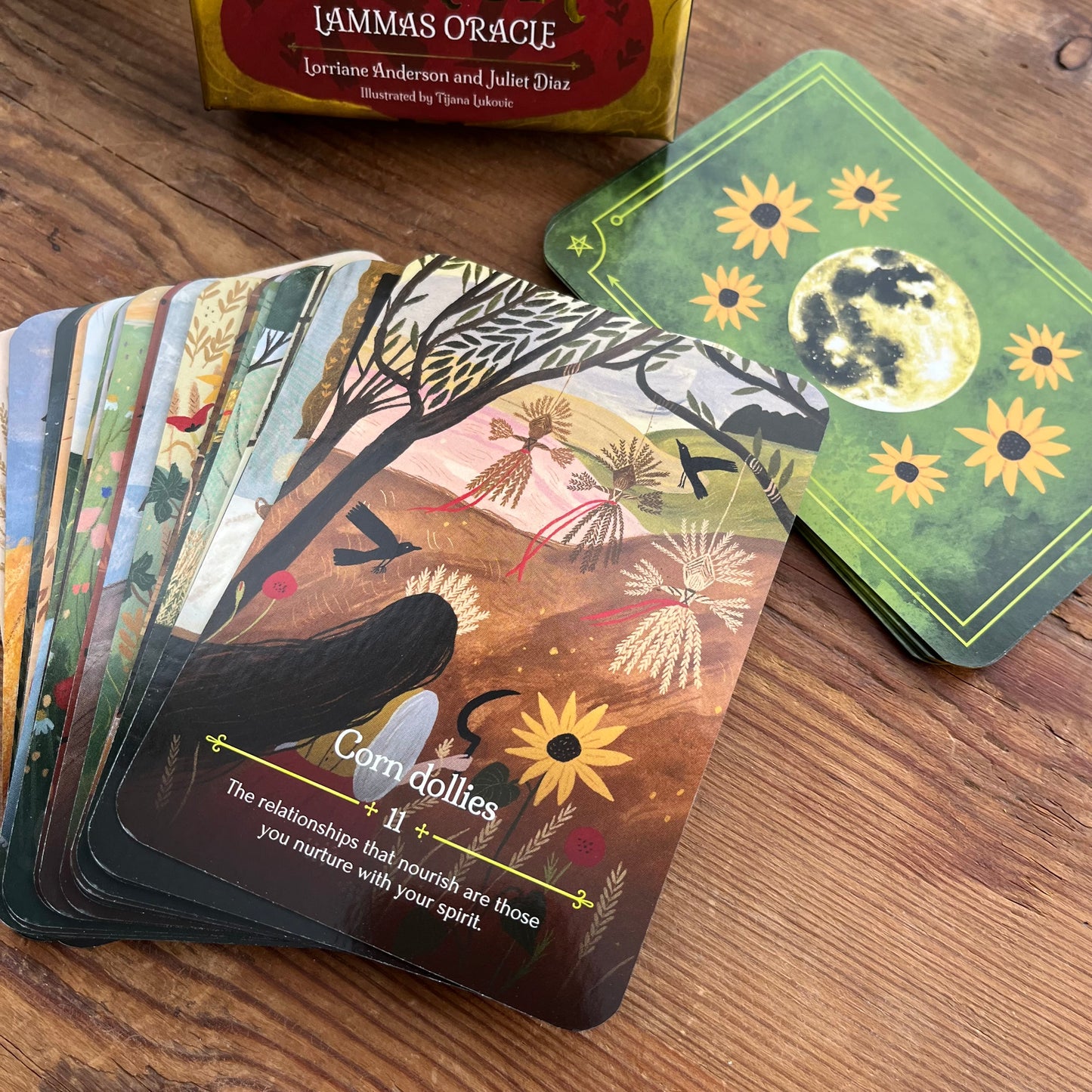 A fanned deck of Lammas Oracle tarot cards on a wooden tabletop, with the top card showing 'Corn dolls' and an illustration of a black bird, sunflowers, and a tree. The green card back with a moon and sunflower pattern is visible behind it, and the gold box labeled 'LAMMAS ORACLE' appears at the top.