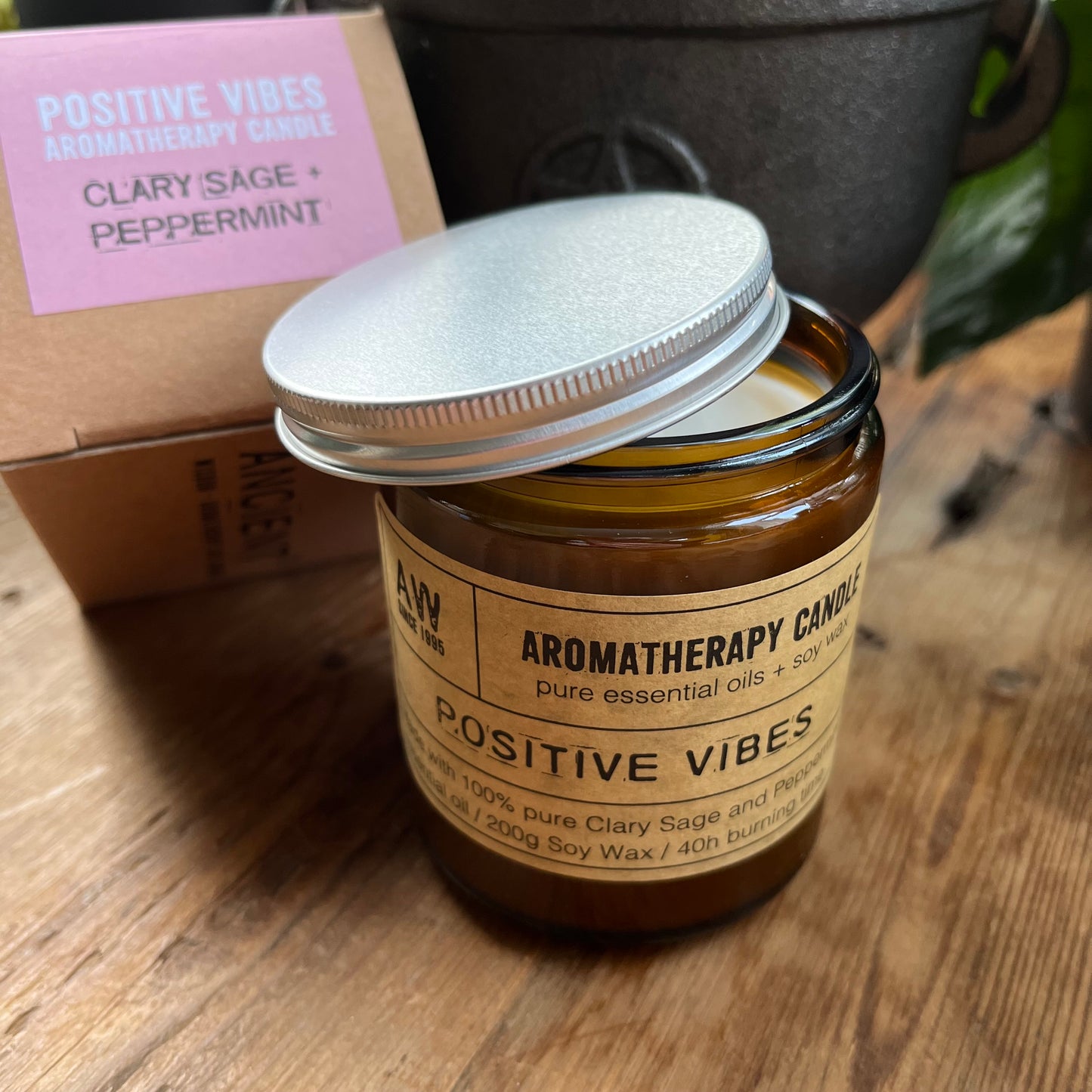 Positive vibes aromatherapy candle in a lidded glass jar with presentaion box 