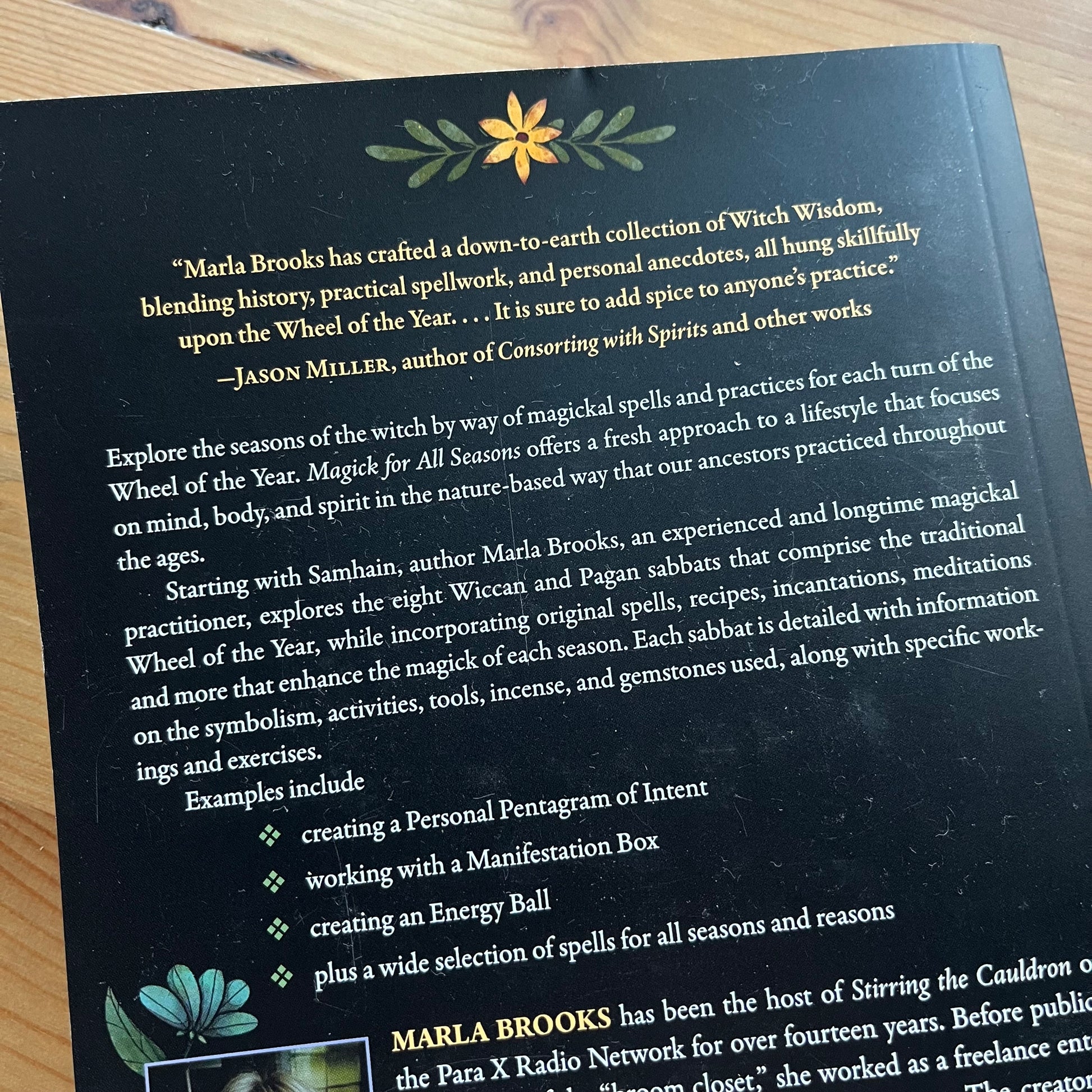 Book cover with text and decorative elements on a wooden surface