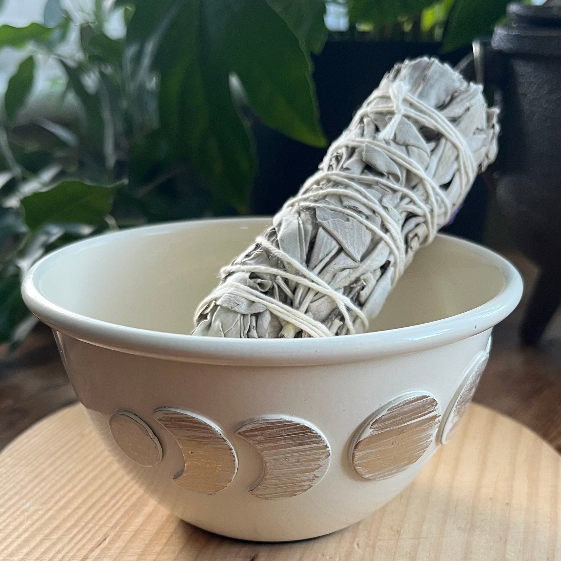 Decorative moon phase ceramic bowl on a wooden surface with plants in the background.