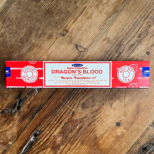 A package of Dragons Blood incense by Satya Nag Champa Incense LTD, with red and white color scheme.