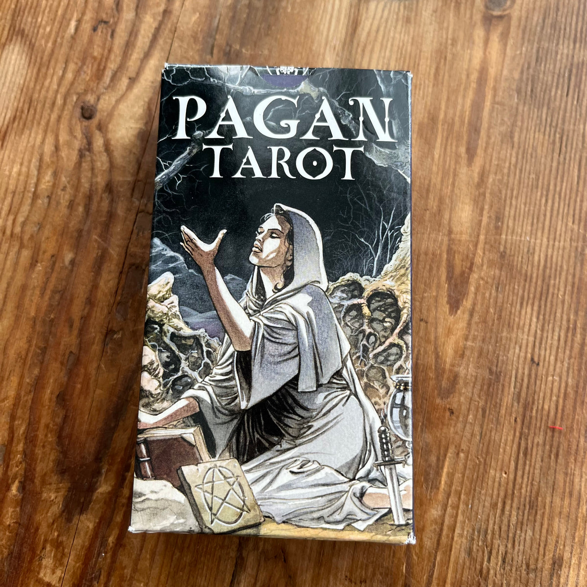 A boxed deck of cards labeled 'Pagan Tarot' standing upright on a wooden tabletop. The box art shows a hooded figure kneeling in a dark scene with the title in large white letters at the top.