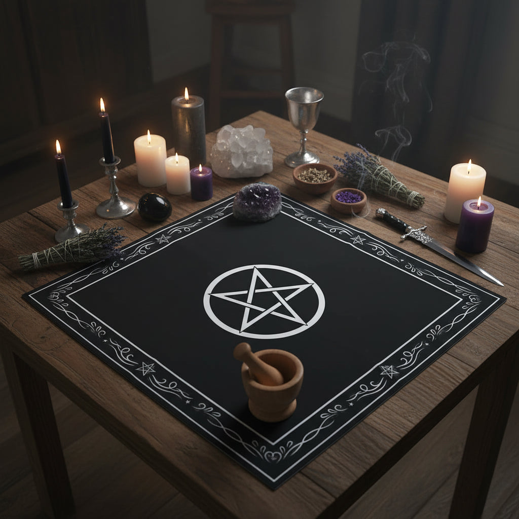A black rectangular altar cloth with a white pentagram and decorative border is displayed on a wooden table, surrounded by candles, crystals, a small knife, a wooden spoon, and other occult-style props in a dimly lit indoor setting.